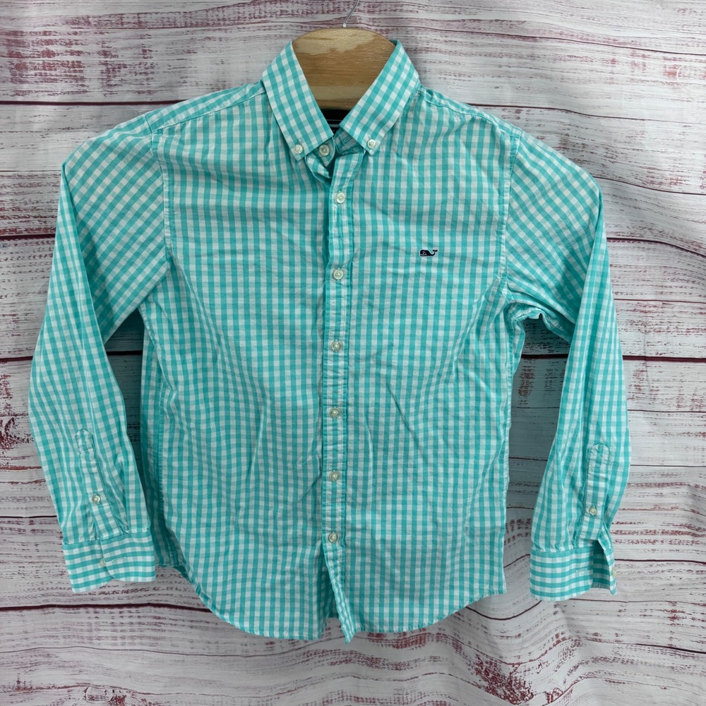 Vineyard Vines‎ Shirt Mens Small Slim Fit Whale Aqua Gingham Check Button Down